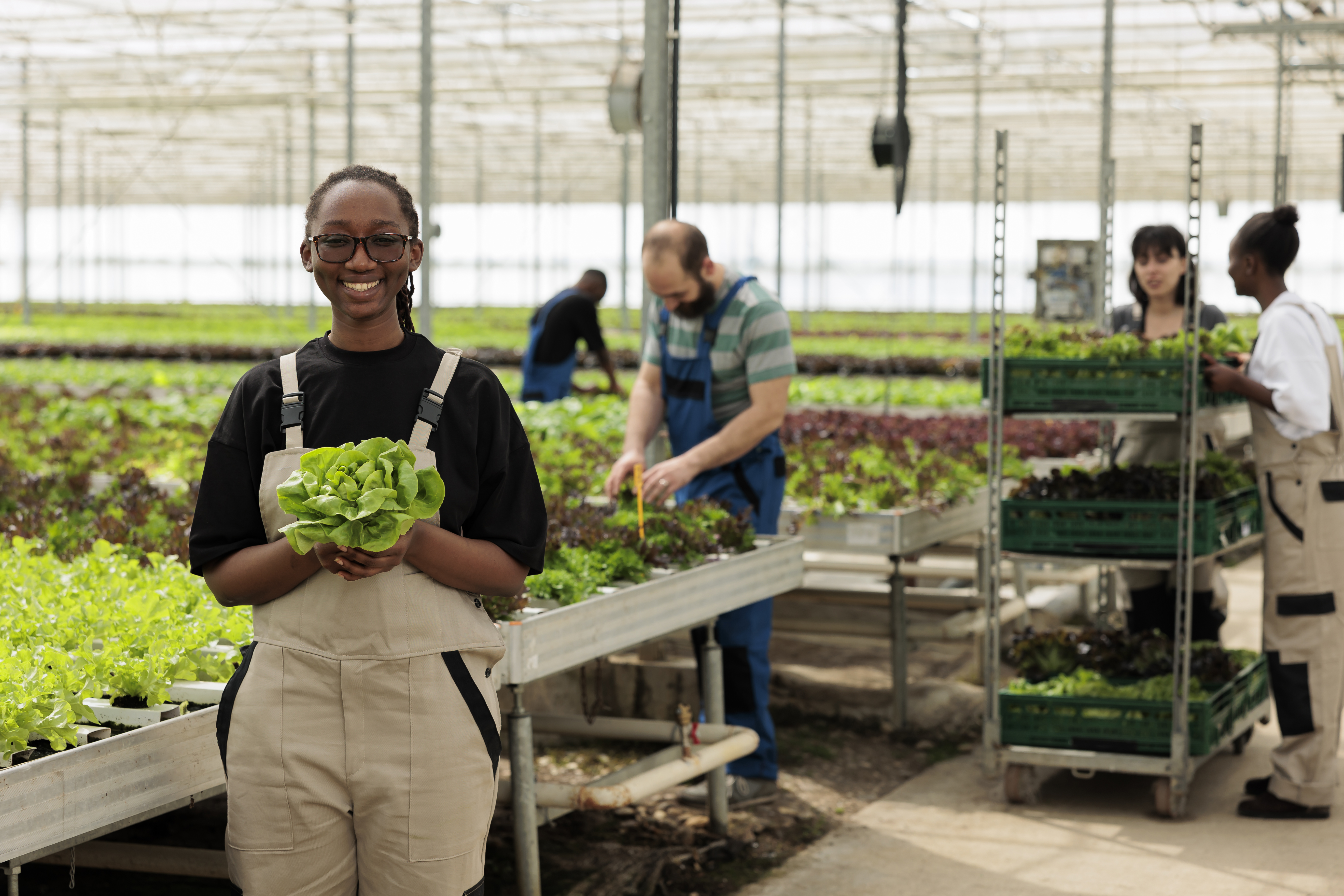 A smiling greenhouse worker holding a head of lettuce, with other workers working in the background