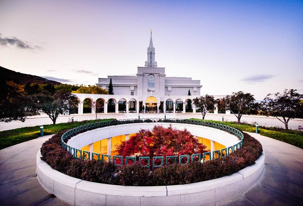 Bountiful Temple. Red tree top is visible from the atrium.