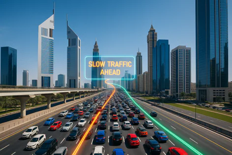 Heavy traffic jam on a wide urban highway with many cars and tall skyscrapers on either side. A digital sign displays 'SLOW TRAFFIC AHEAD', depicting road congestion.