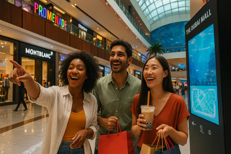 Three happy friends are shopping and laughing in a modern mall, holding shopping bags near store signs like Montblanc and a digital Dubai Mall directory.