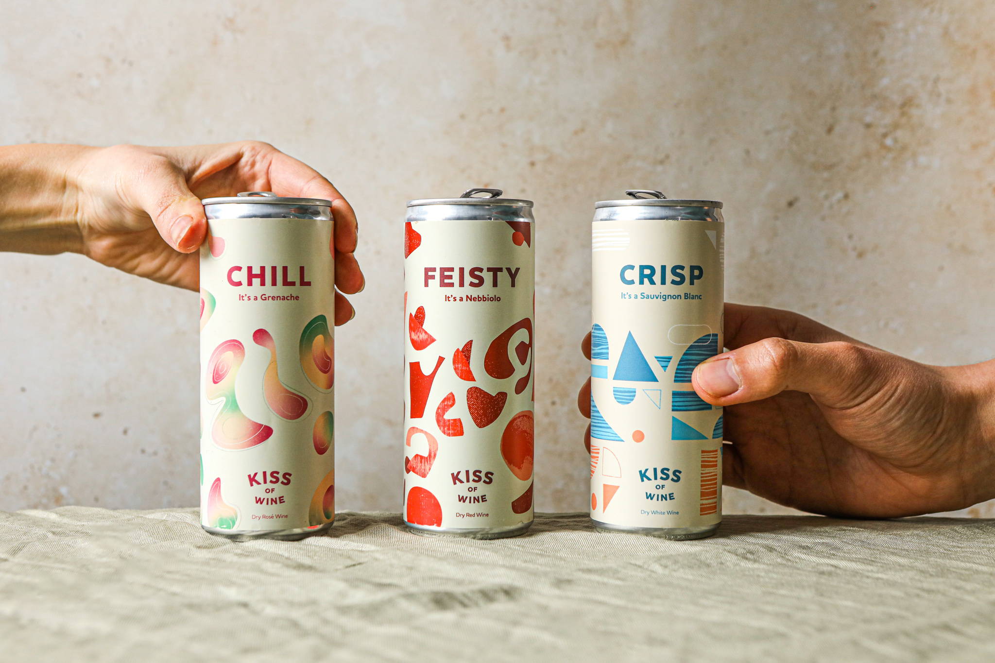 Three types of opened canned wine including Chill rose, Feisty Nebbiolo and Crisp Sauvignon Blanc from Kiss of Wine.