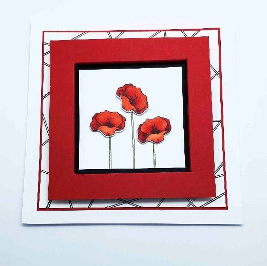 The white card with the three poppies is glued inside of the red frame onto the black card
