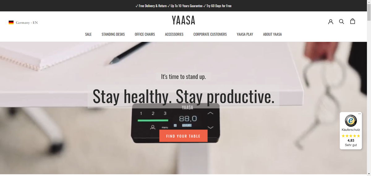 Screenshot of Yaasa, from the shopify furniture stores collection.