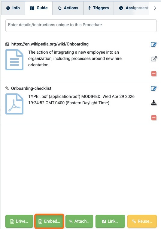 Embed button on the Guide panel