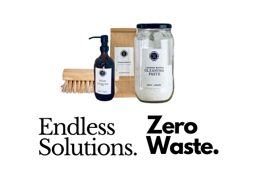 This is a the top banner of our website and has the words on powerful bold print "Endless Solutions. Zero Waste" and an aimage of a jar with cleaning paste and ecofriendly kraft earth bag with cleaning ingredients and a amber glass pump. ottle with dish liquid label and a ecofriendly scrub brush. Thi is to depict the benefits of green cleaning and our green cleaning starter kits at Under Your Sink