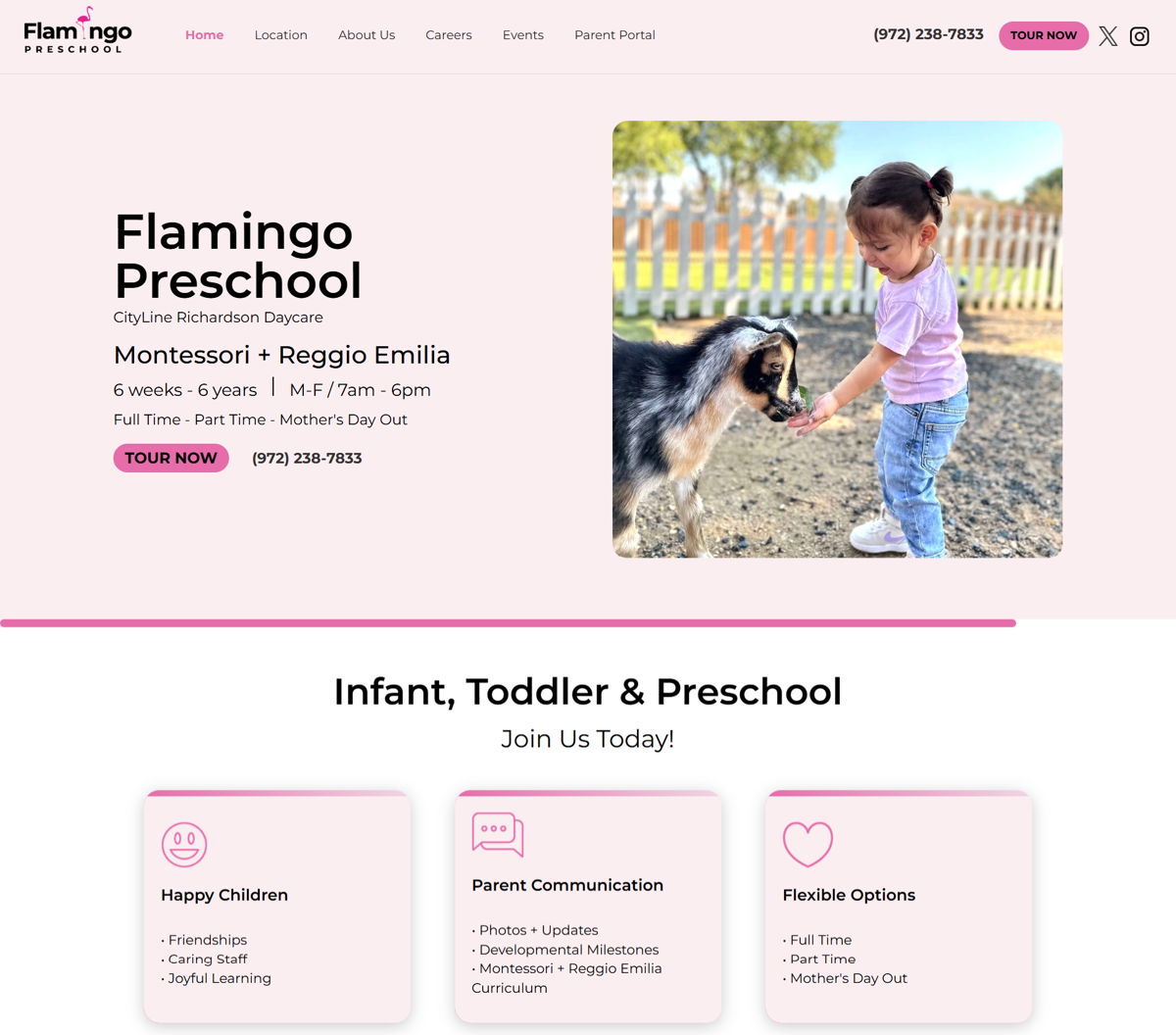 Screenshot of Flamingo Preschool, from the kindergarten websites collection.