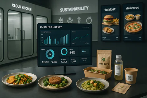 Monitor shows Dubai F&B market data, sales charts. Foreground has plant-based meals, packaging, drinks. Cloud kitchen background with delivery app logos.