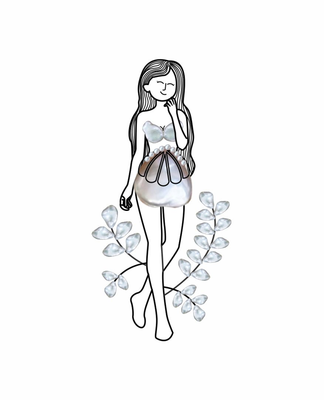 An illustration of a woman wearing white pearls