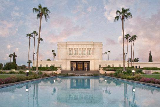 Photo of the Mesa Temple and reflection pool with a textured overlay.