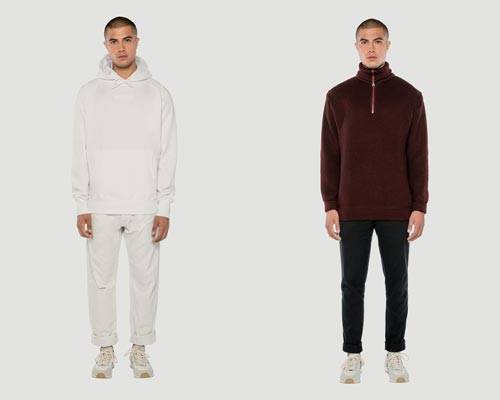 Man wears cream organic cotton hoodie with cream trousers and man wears burgundy 1/4 zip long sleeve top with black jeans from sustainable brand Rotholz
