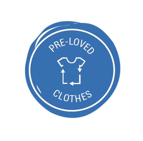 Image of a blue, circular Ducky Zebra icon with the text "Pre-loved clothes"