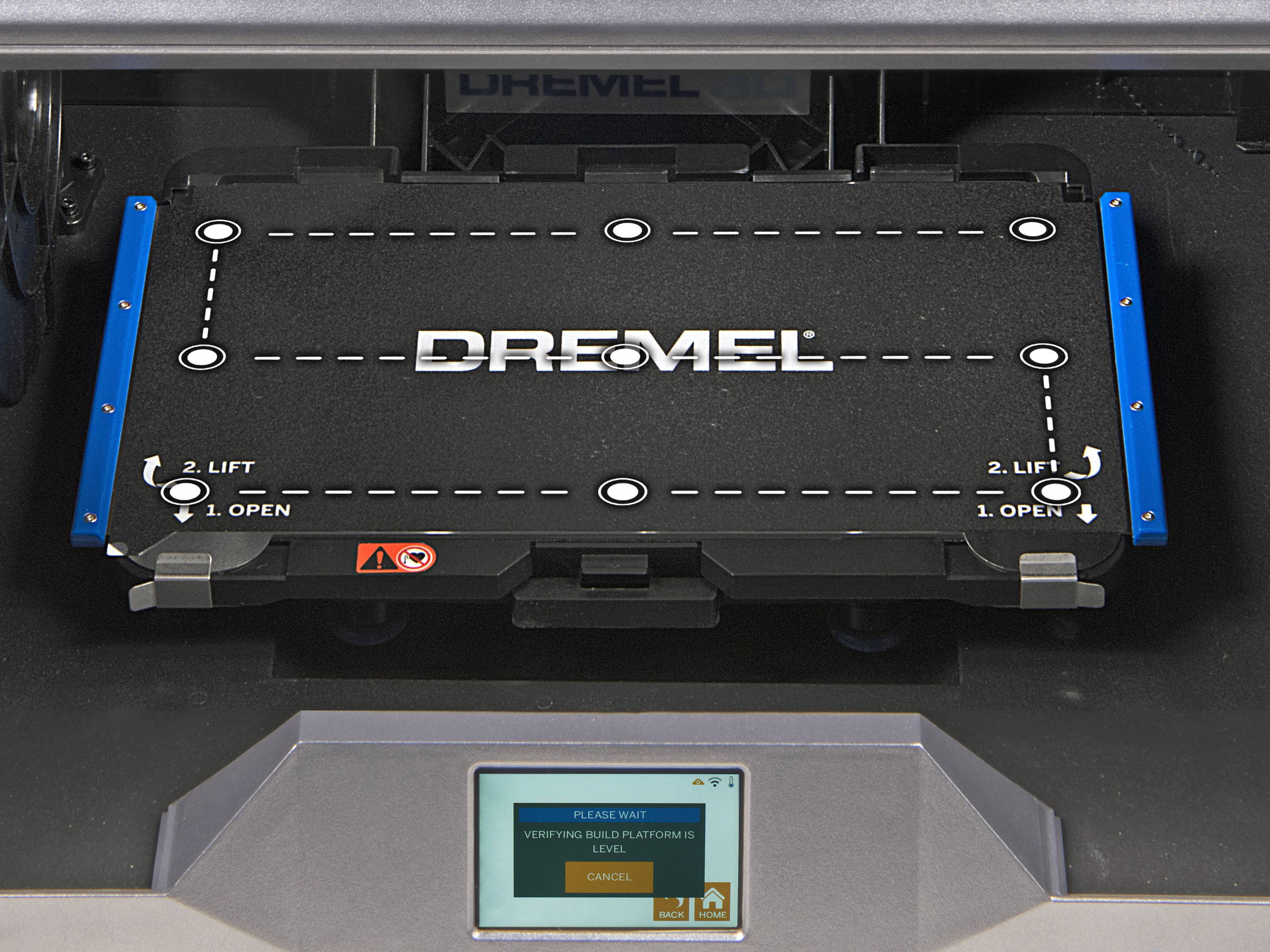 Dremel 3D45 build plate illustrating location of 9 leveling points