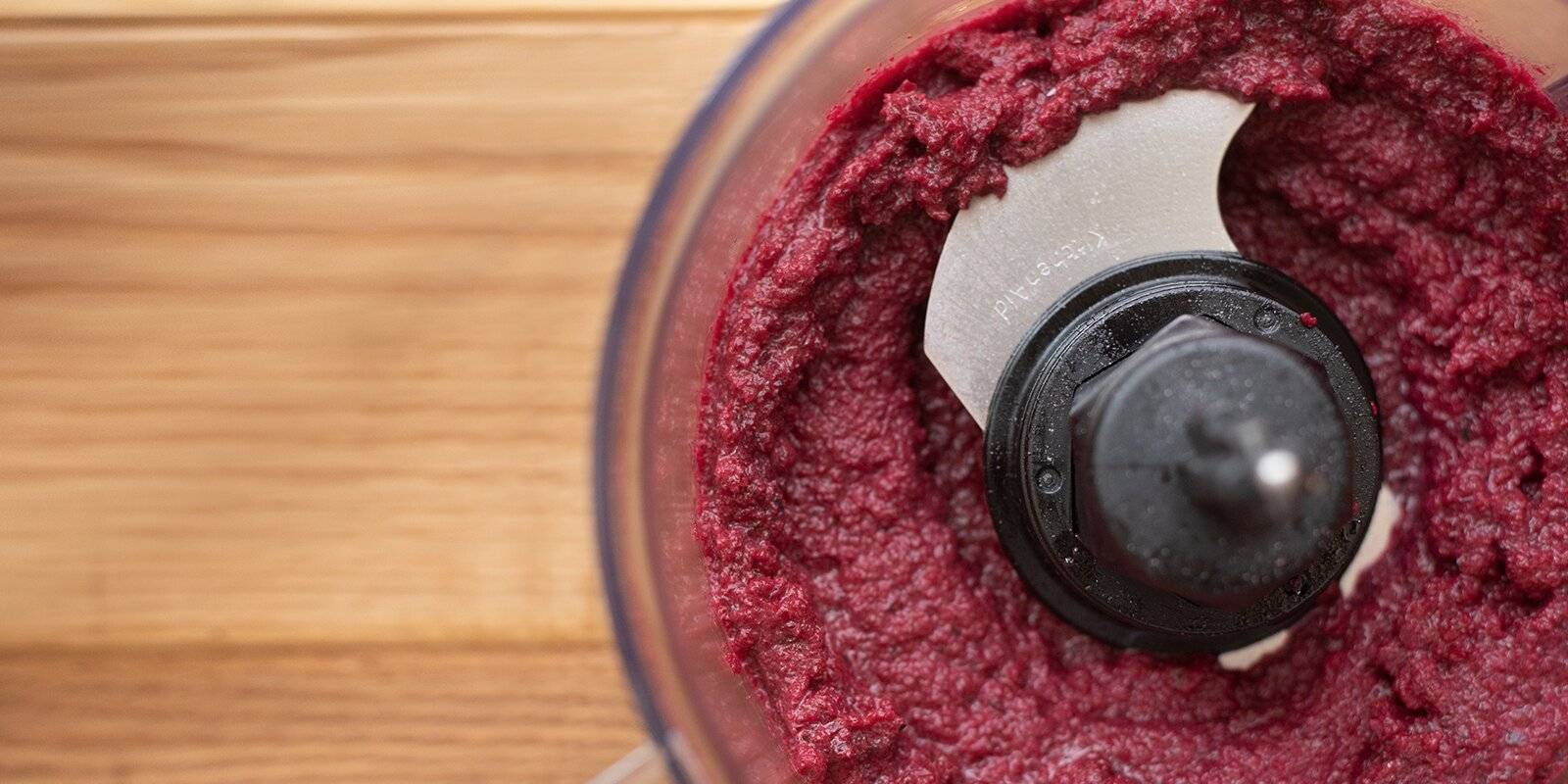  Blended beet mixture inside food processor.