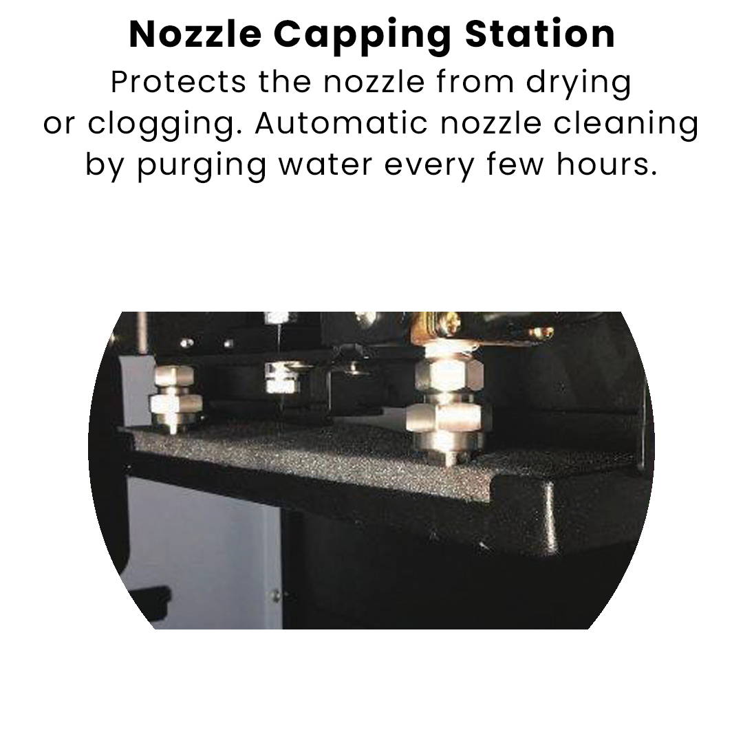 Nozzle capping station. Protects the nozzle from drying or clogging. Automatic nozzle cleaning by purging water every few hours.