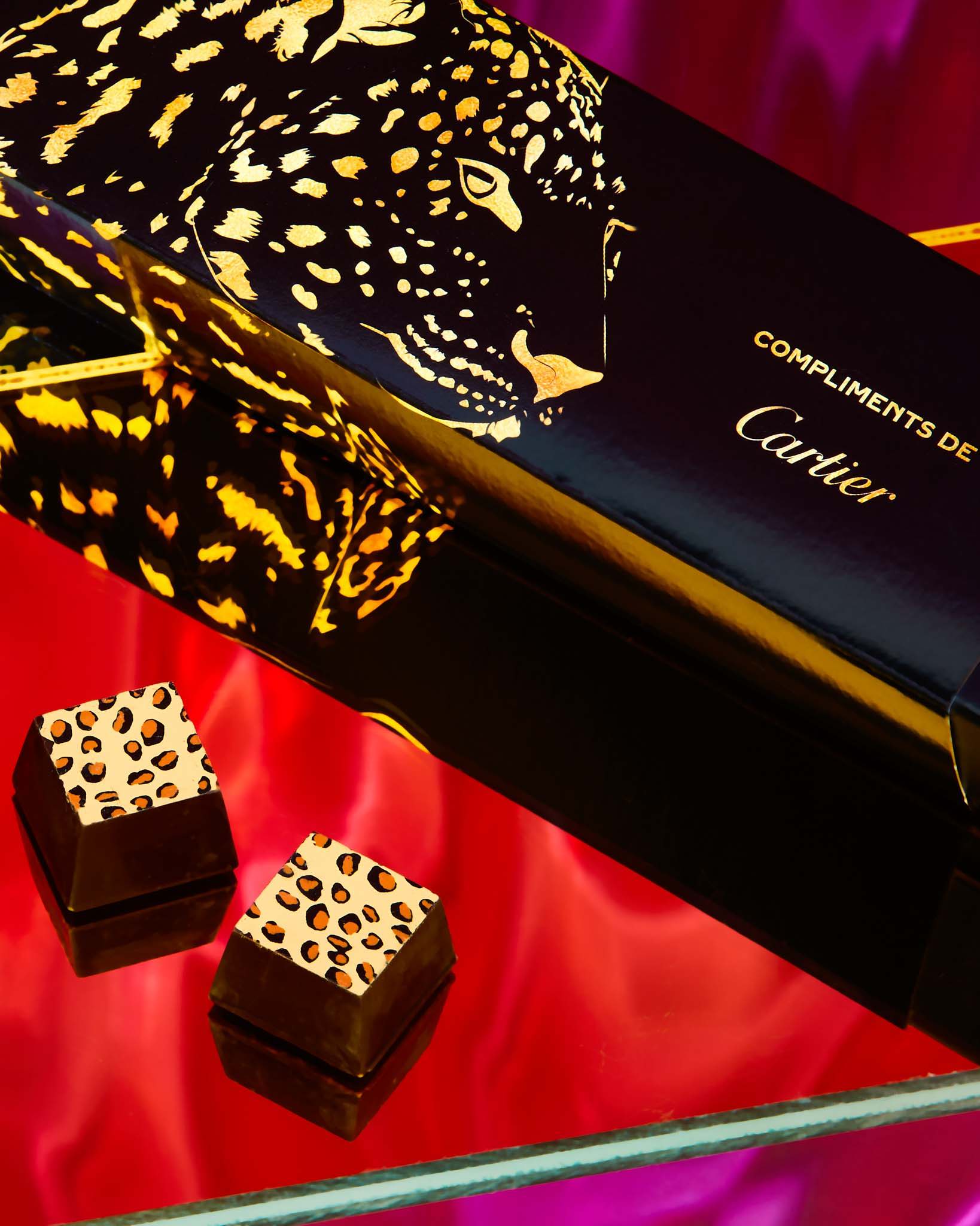 Leopard print, Cartier branded chocolates