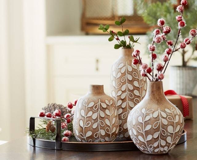 melrose wooden vases with carved leaf detail