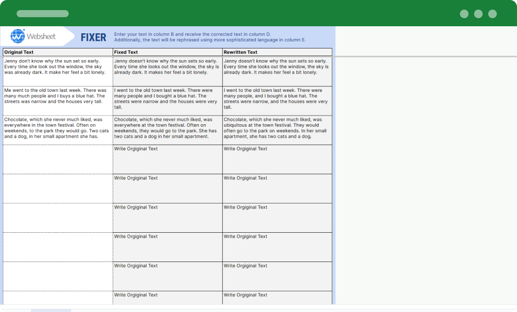 Ready Websheet after adding