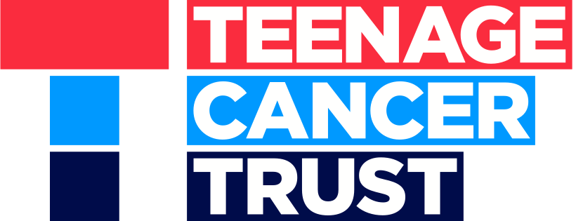 Teenage Cancer Trust logo with bold white text on red, light blue, and dark blue blocks, forming the words Teenage Cancer Trust next to three stacked colored rectangles.