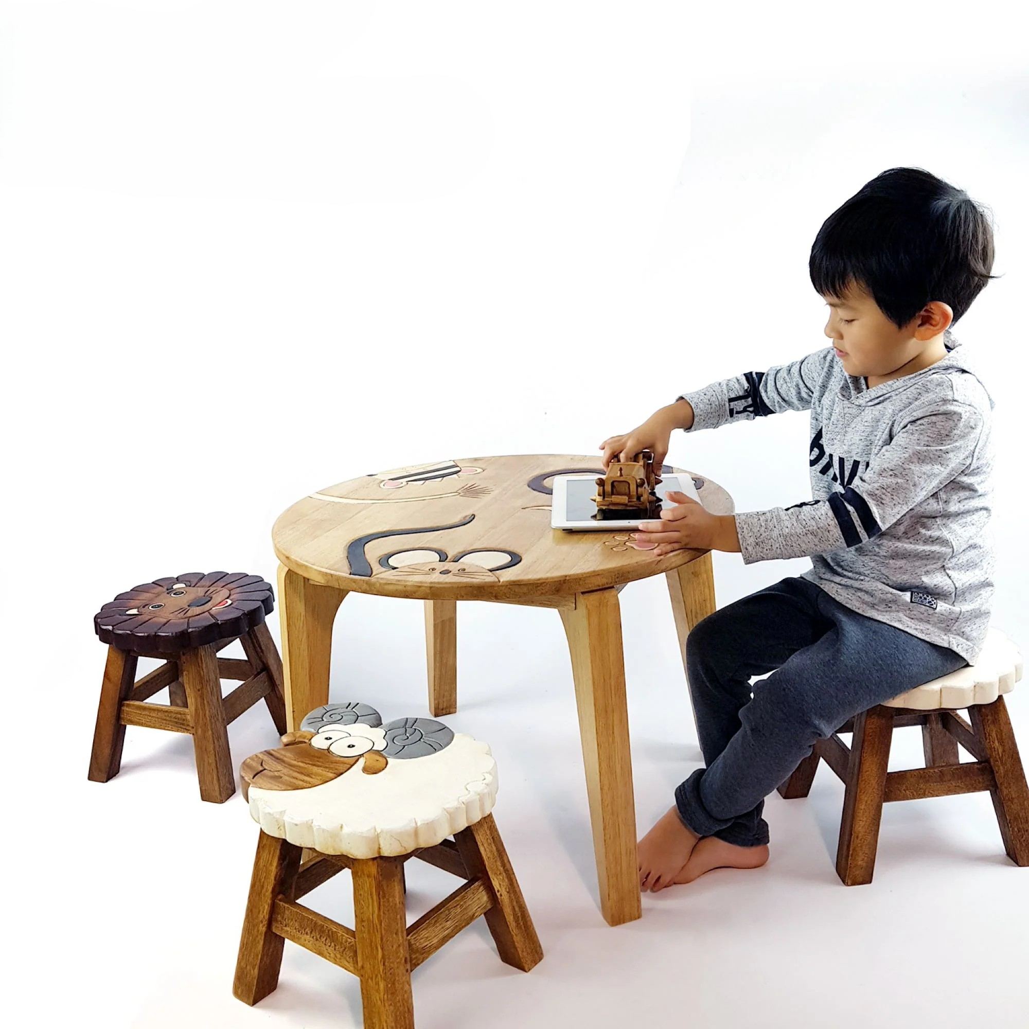 Hand Carved Children's Table Wooden Animals Theme - Image 2