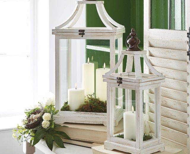 White Wood Lanterns with Ivory Artificial Pillar Candles