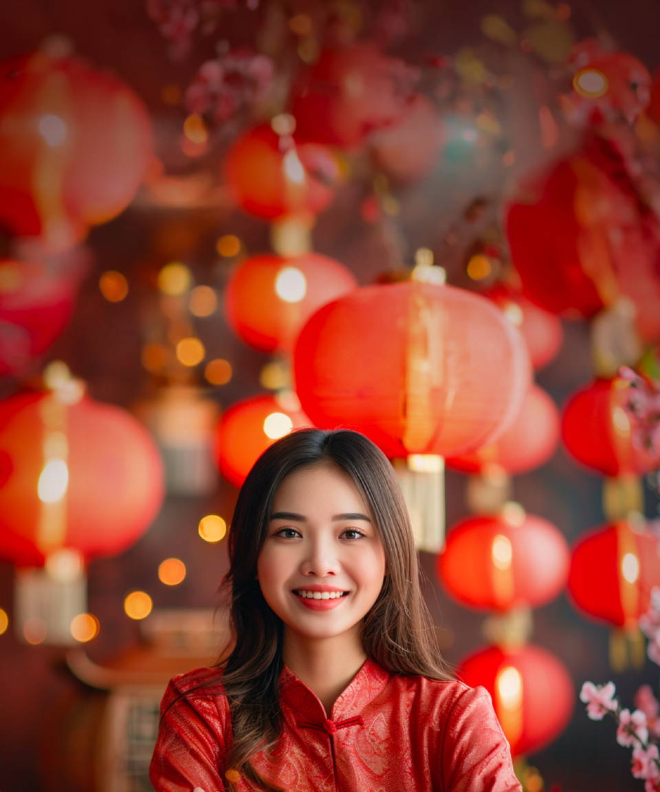 Woman in a traditional Chinese dress smiling in front of red lanterns