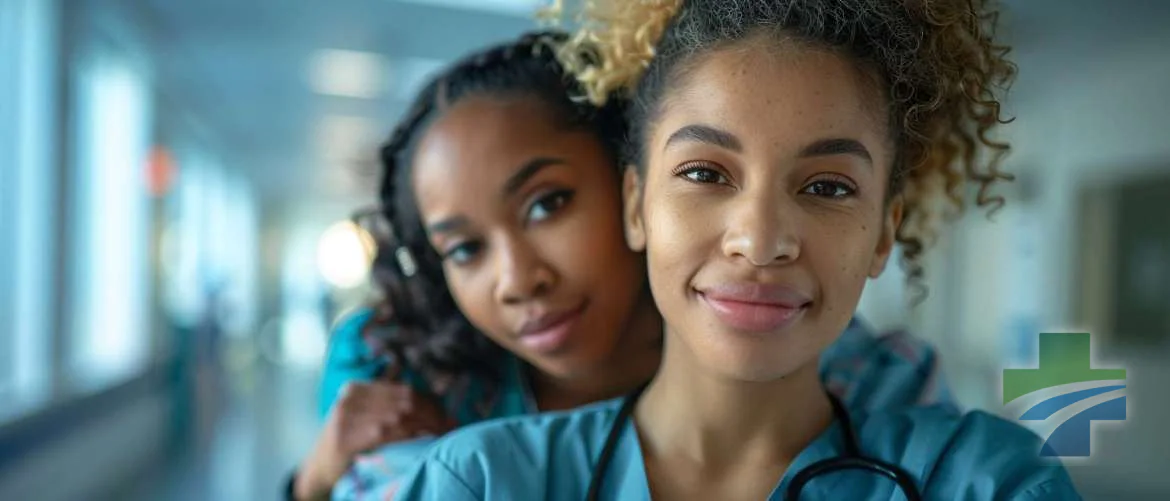 Travel nurse providing comfort to a distressed patient, showing empathy and trust.
