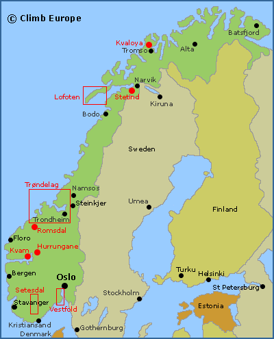 Map of the major rock climbing areas in Norway