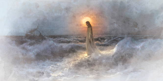 Watercolor panoramic of Jesus walking across a stormy sea, silhouetted against the moon. 