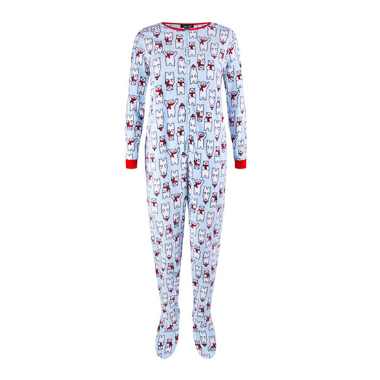 Adult Microfleece Footed Onesie in Blue Polar Bears pattern 
