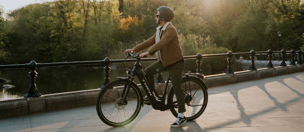 Rider on Trek Allant+ electric city bike