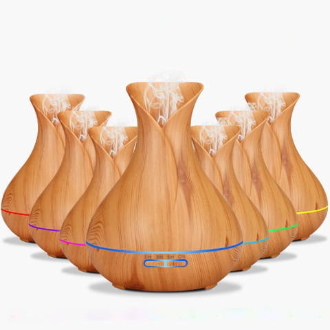 Humidificateur d'air diffuseur huiles essentielles télécommandé bois 300ML clair couleurs led