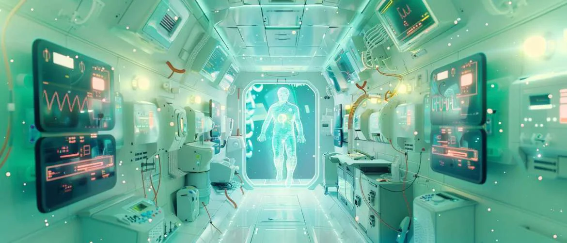 Illustration of a futuristic zero-gravity medical bay in a spacecraft