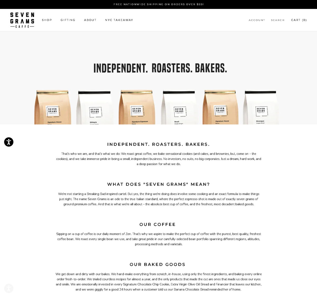Screenshot of Seven Grams Caffé, from the about us page examples collection.