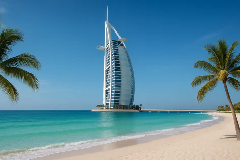 A luxurious scene in Dubai featuring the iconic Burj Al Arab hotel viewed from a sandy beach with palm trees and turquoise water under a clear blue sky.