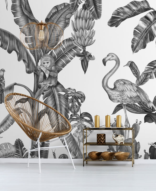 Grey & White Exotic Bird Monkey Jungle Mural hero image