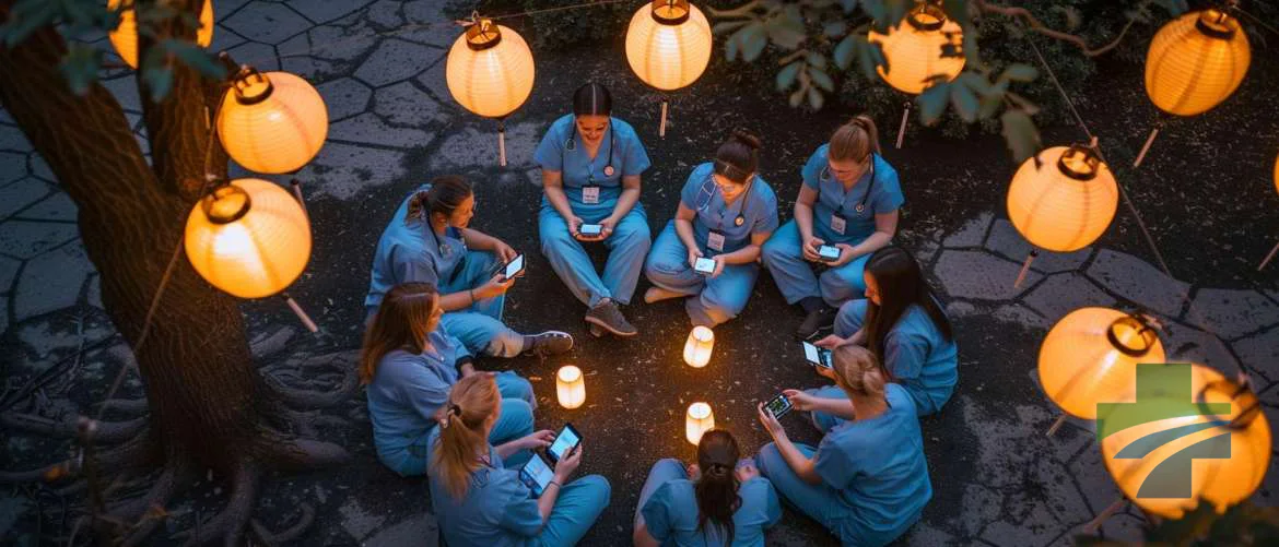 Nurses enjoying a communal outdoor gaming event under a starry pre-dawn sky.