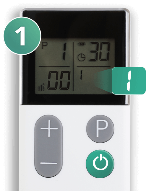 Close-up of the Wellue TENS remote showing the power button and therapy mode button with a 30-minute session on the display