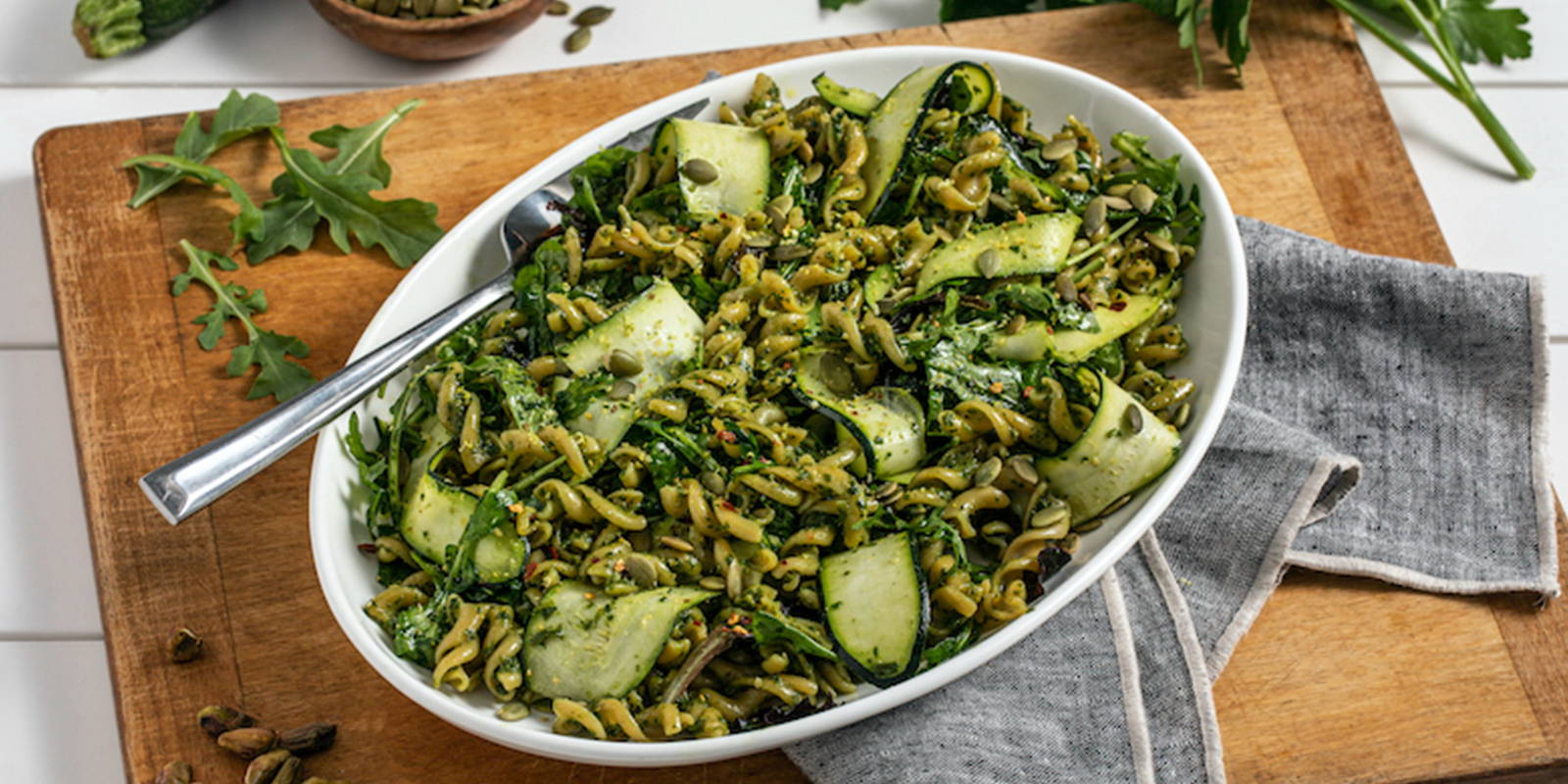 Super Green ZENB Rotini Pasta Salad With Kale Pesto.