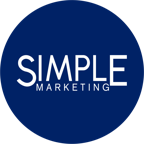 The logo for Simple Marketing; the company name, in a blue circle. Simple.