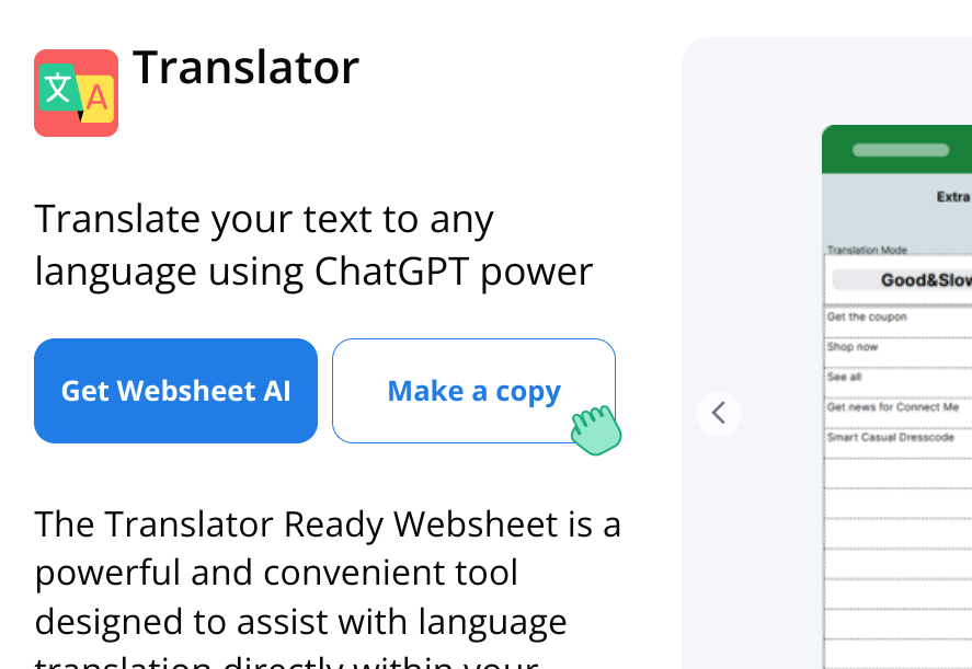 Example of Translator template, with description explaining on how to translate texts inside google spreadsheet with Websheet AI, ChatGPT