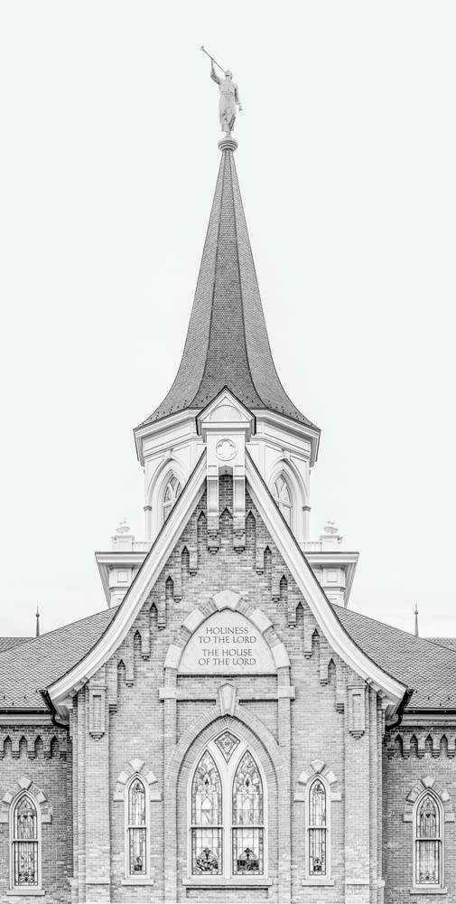 Black and white photo of the Provo City Center Temple with a focus on the steeple.