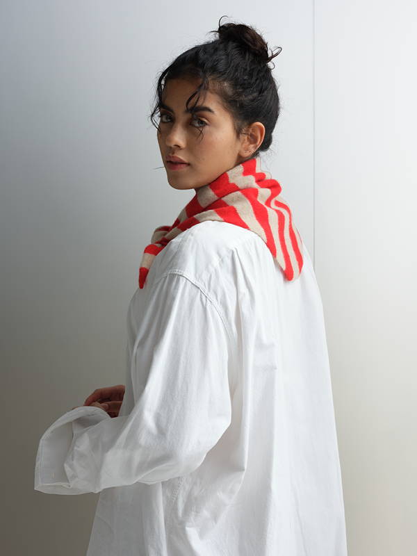 Model wears Wide Stripe Triangle neckerchief