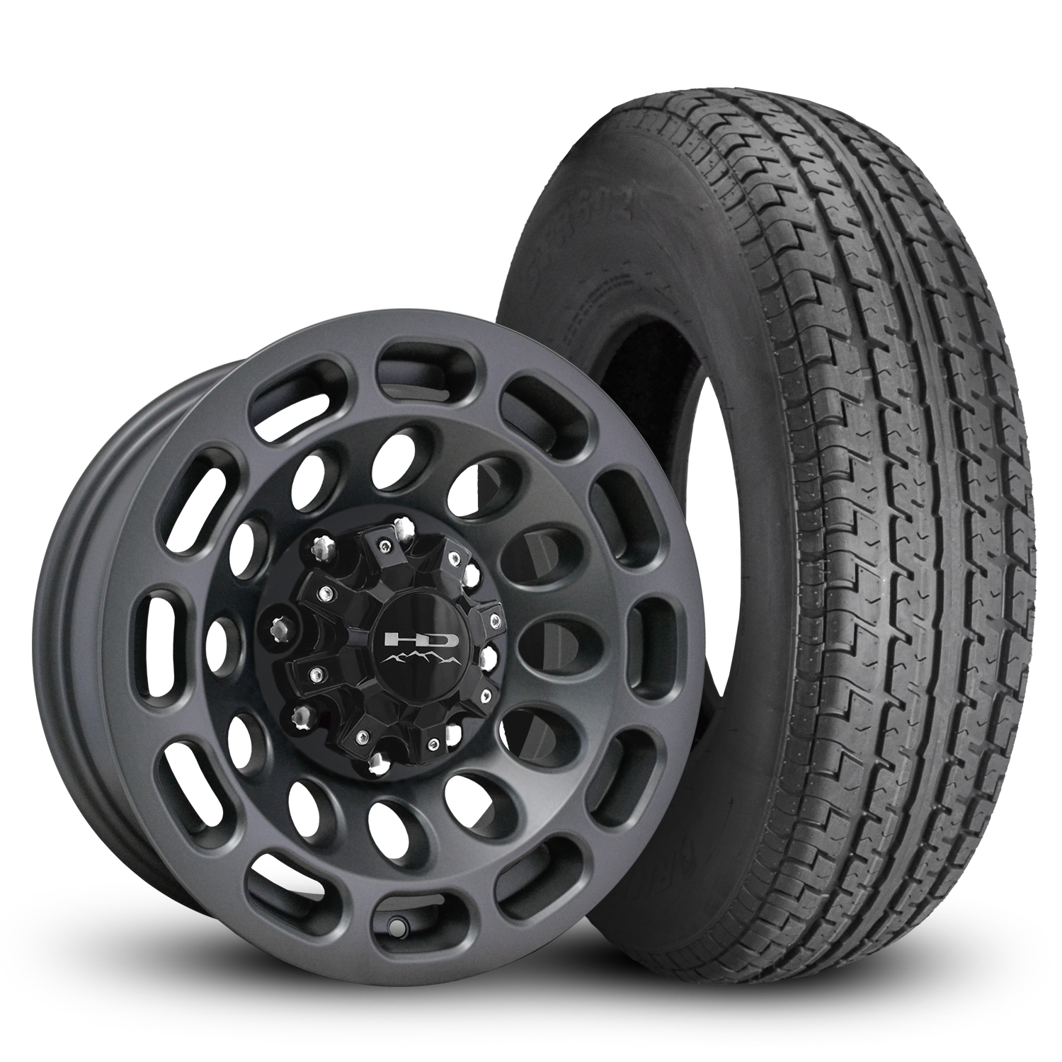 HD Off-Road Road Warrior Custom Trailer Wheel & Tire packages in 16x6.0 in 8 lug All Satin Grey for Unility, Boat, Car, Construction, Horse, & RV