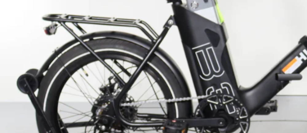 the rear wheel and battery on a Himiway B3 electric folding bike
