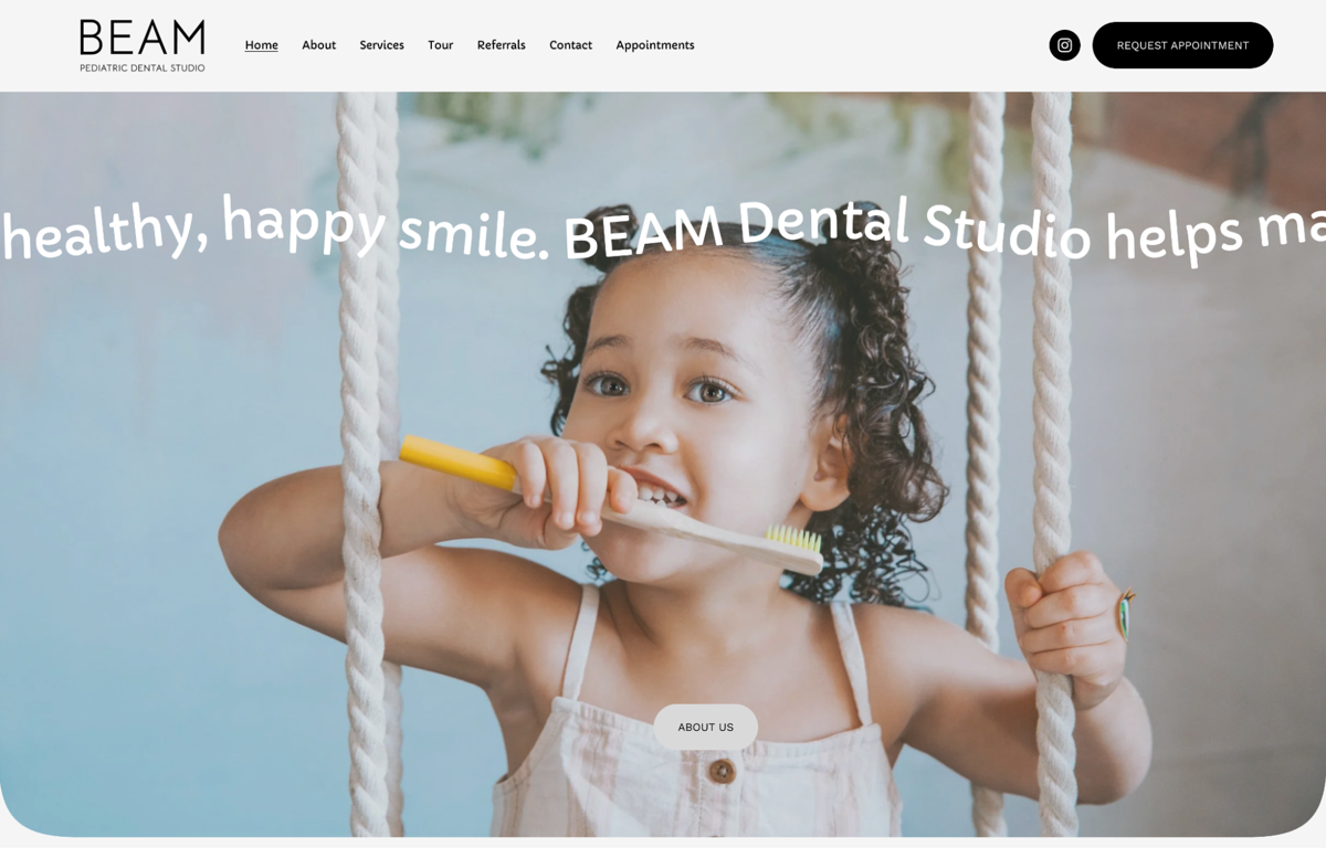 Screenshot of BEAM Pediatric Dental Studio, from the dentist websites collection.