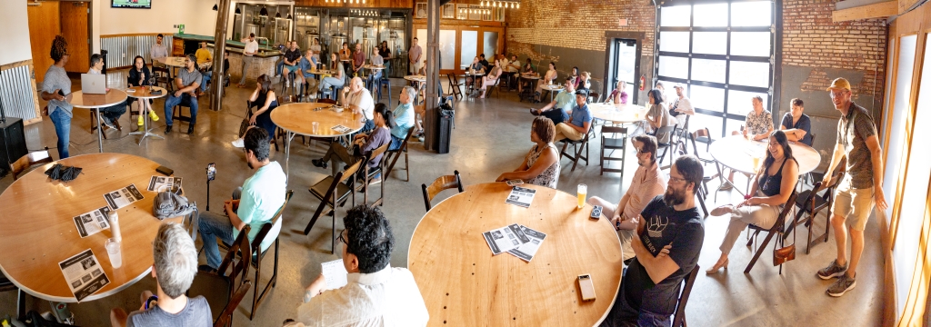 Dallas Neighbors for Housing meeting at Four Corners Brewery with special guests Tony Hidid, Andreea Udrea, and Paul Carden. August 24th, 2023. Photo by Hexel Colorado.