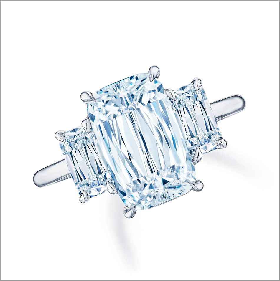 Close up of Ashoka diamond solitaire ring. 