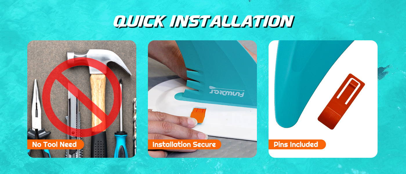 Funwater inflatable paddle board fin support quick installation, no tool need, installation secure, pins included