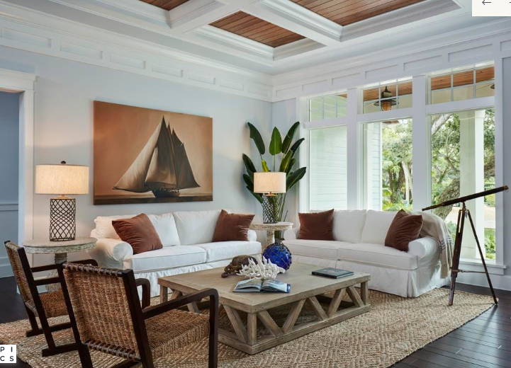 Living room with navy and white striped nautical rug