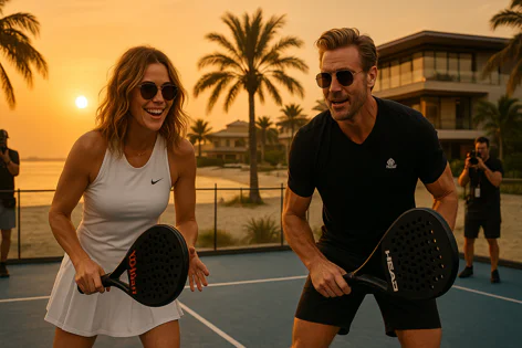 Man and woman smiling while playing padel or pickleball on a sunny outdoor court near a beach with palm trees and a sunset in the background.